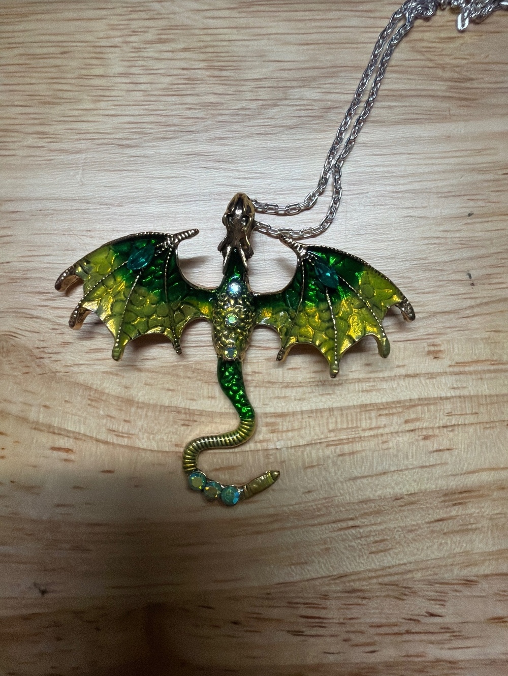 Dragon Pendant Necklace with Green and Yellow Enamel Wings NWOT